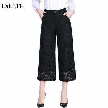 

LXMSTH Lace Wide leg Pants Women 2019 Spring Summer New Loose Straight Pants Lady Plus Size High Waist Ankle Length Trousers