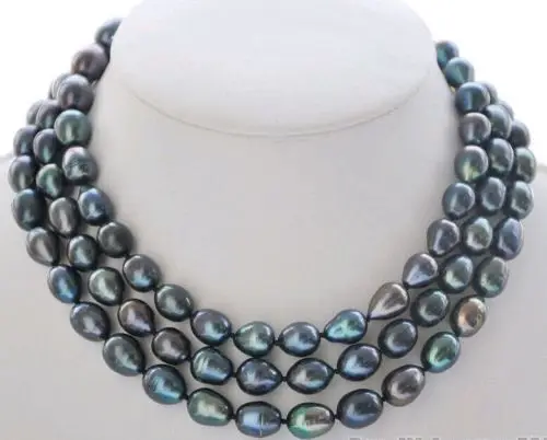 

FREE SHIPPING HOT sell new Style >>>>9-10mm peacock black rice freshwater cultured pearl necklace 65"A++