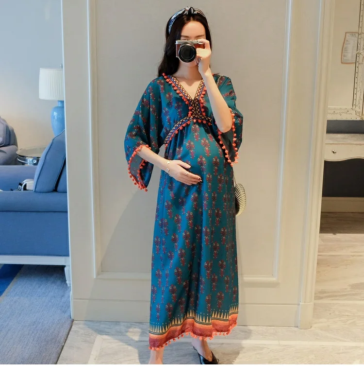 Модные длинные платья для беременных с принтом три четверти рукава Vestidos Одежда для беременных женщин Одежда для беременных