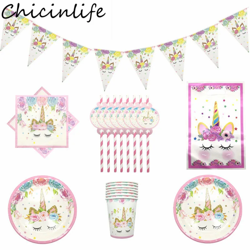 Chicinlife Единорог вечерние одноразовые наборы посуды детские бумажные тарелки для дня рождения салфетки для стаканчиков детский душ день рождения принадлежности