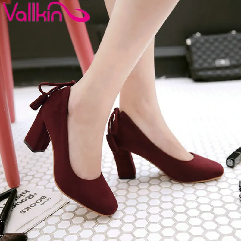 

VALLKIN 2017 Women Pumps Apricot Square High Heel Square Toe Woman Shoes Flock Spring Butterfly-Knot Wedding Shoes Size 34-43
