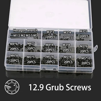 

260pcs 12.9 carbon steel Allen Head Hex Socket Grub Screw Bolts Nuts Fasteners with Cone Point Screws Assortment Kit