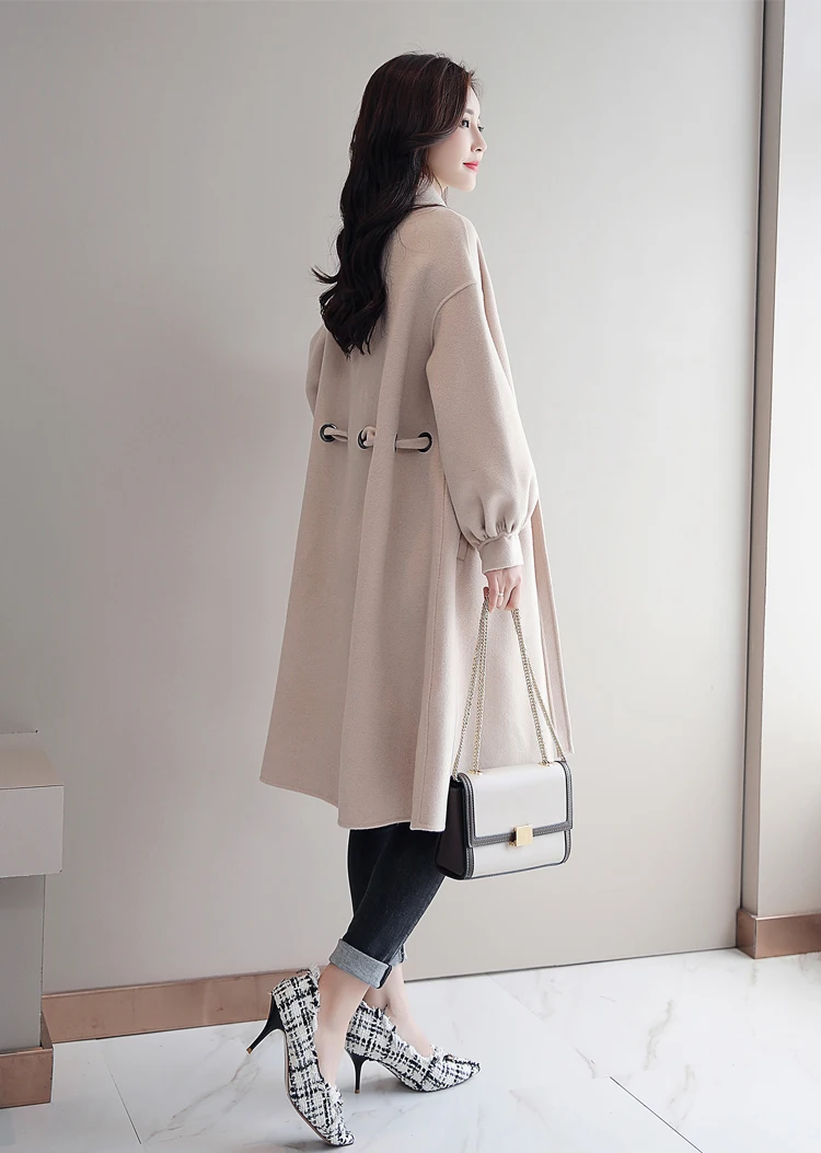 2019 spring new women woolen coat female long section slim versatile tie with solid color woolen coat A87 Parkas