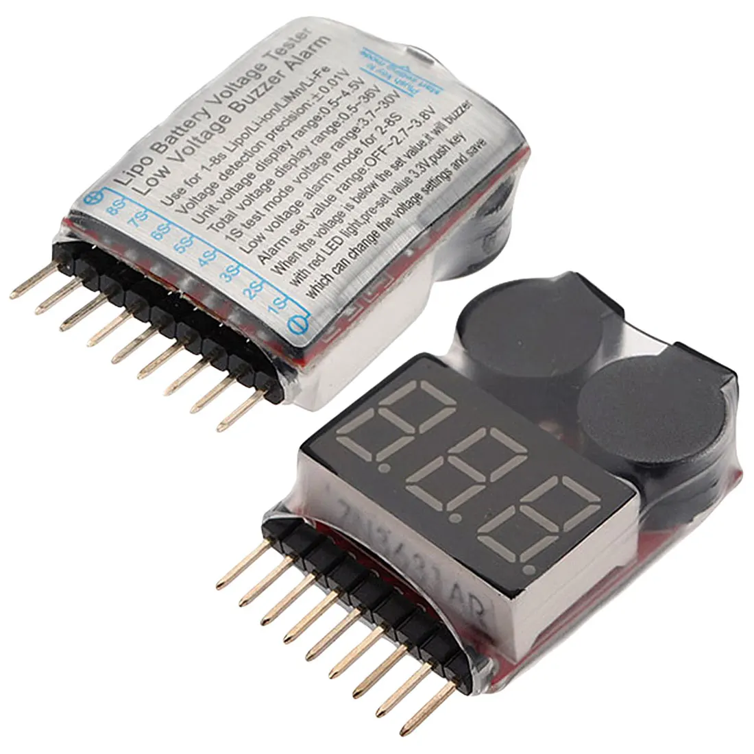 

Measuring Instrument 2 IN 1 Tester Low Voltage Buzzer Alarm For 1-8S Lipo/Li-ion/LiMn/Li-Fe Battery Voltage