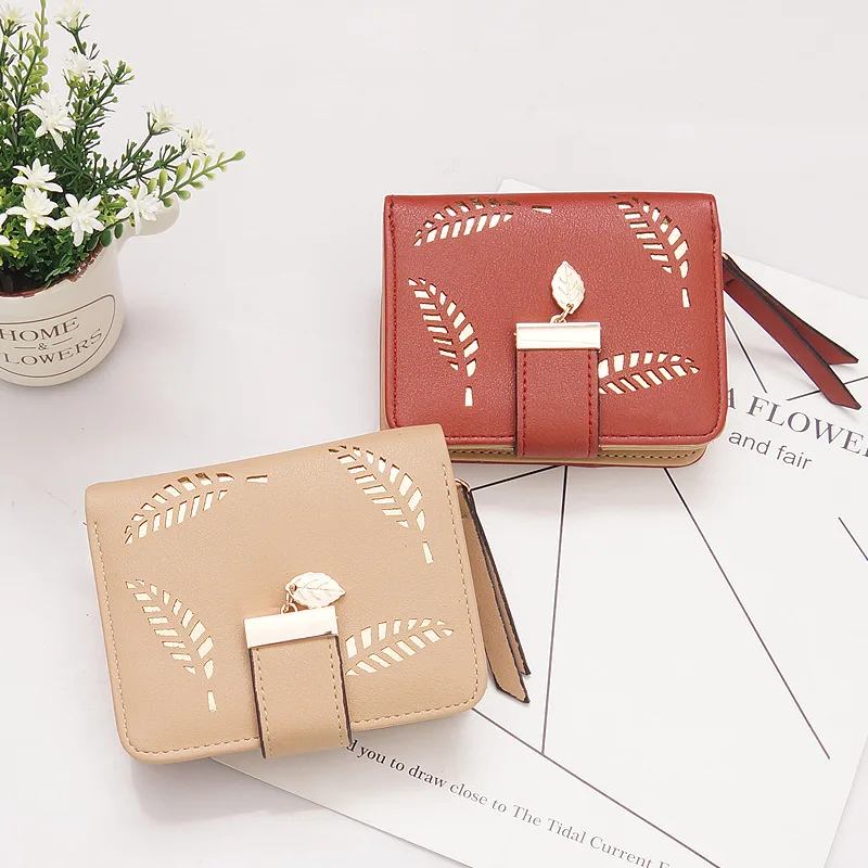 New Women Wallets Short Wallet Ladies Zipper Buckle Hollow Leaf Purse Wallet Female Women Zipper Purse Card Holder Cartera Mujer