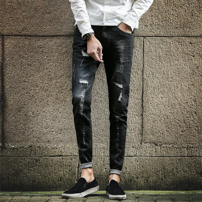 Jeans 2017 mens denim biker jeans zipper straight men strech slim fit quality jeans classic black