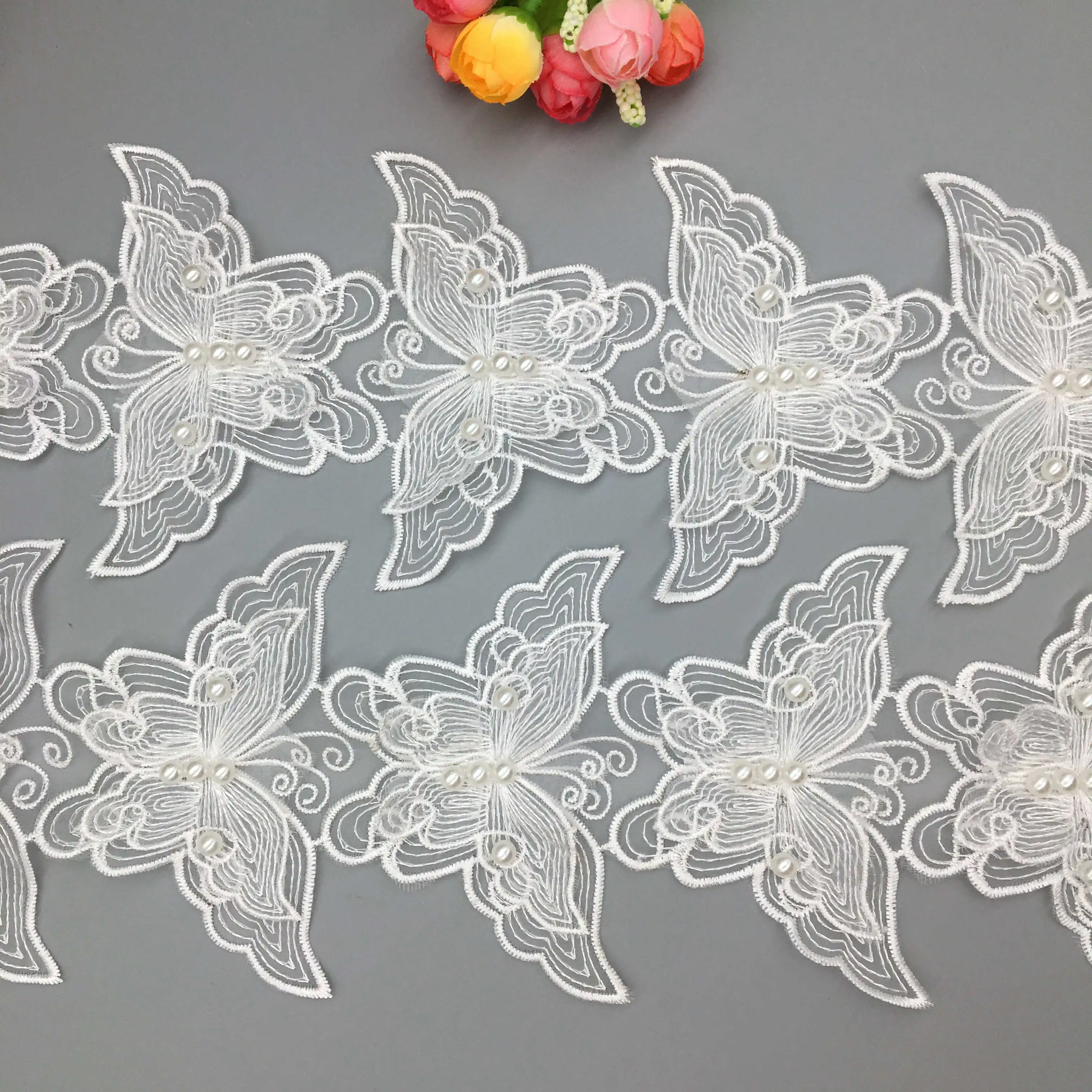 

20x 3D Pearl Butterfly Lace Trim Embroidered Lace Ribbon French Fabric Wedding Dress Sewing Craft Costume Dress DIY Accessories