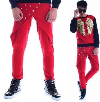 

4 colors Bar male DJ costumes rivets rock concert harem pants hair stylist pants star singers stage pants personality fashion