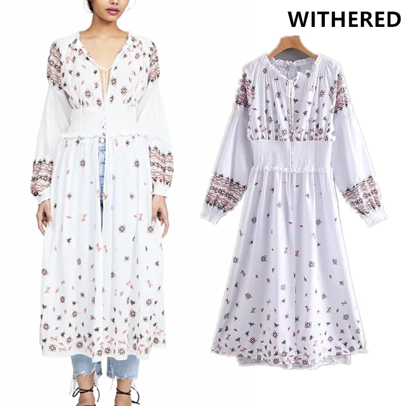 

Withered bohemian vintage floral embroidery tassels dress women loose vestidos summer dress maxi dress 2 piece set plus size