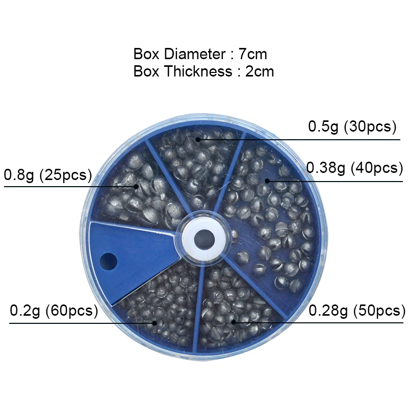 Разделение выстрел рыболовные грузила 205 шт./компл. круглый Разделение выстрел весовые весы 5 отсек Коробка посылка 0,2g/0,28g/0,38g/0,5g/0,8g