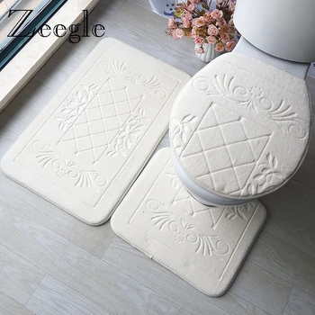 

Zeegle 3D Embossed Rug Bathroom Mat Set Microfiber Toilet Cover Bath Mat Set Non-Slip Shower Floor Mats Toilet Rugs
