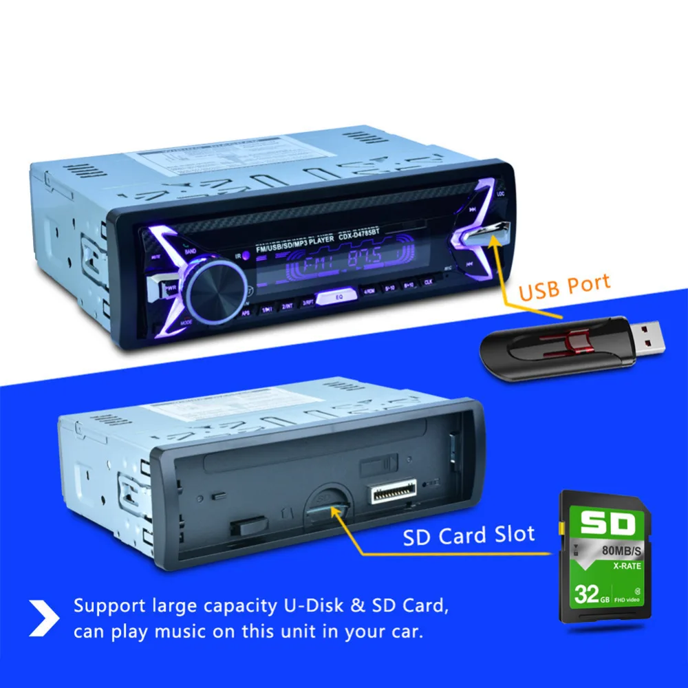 Bluetooth Audio Stereo 60WX4 12V In-dash 1 Din FM Aux Input Receiver USB MMC Remote Control USB / SD / MMC Card Reader