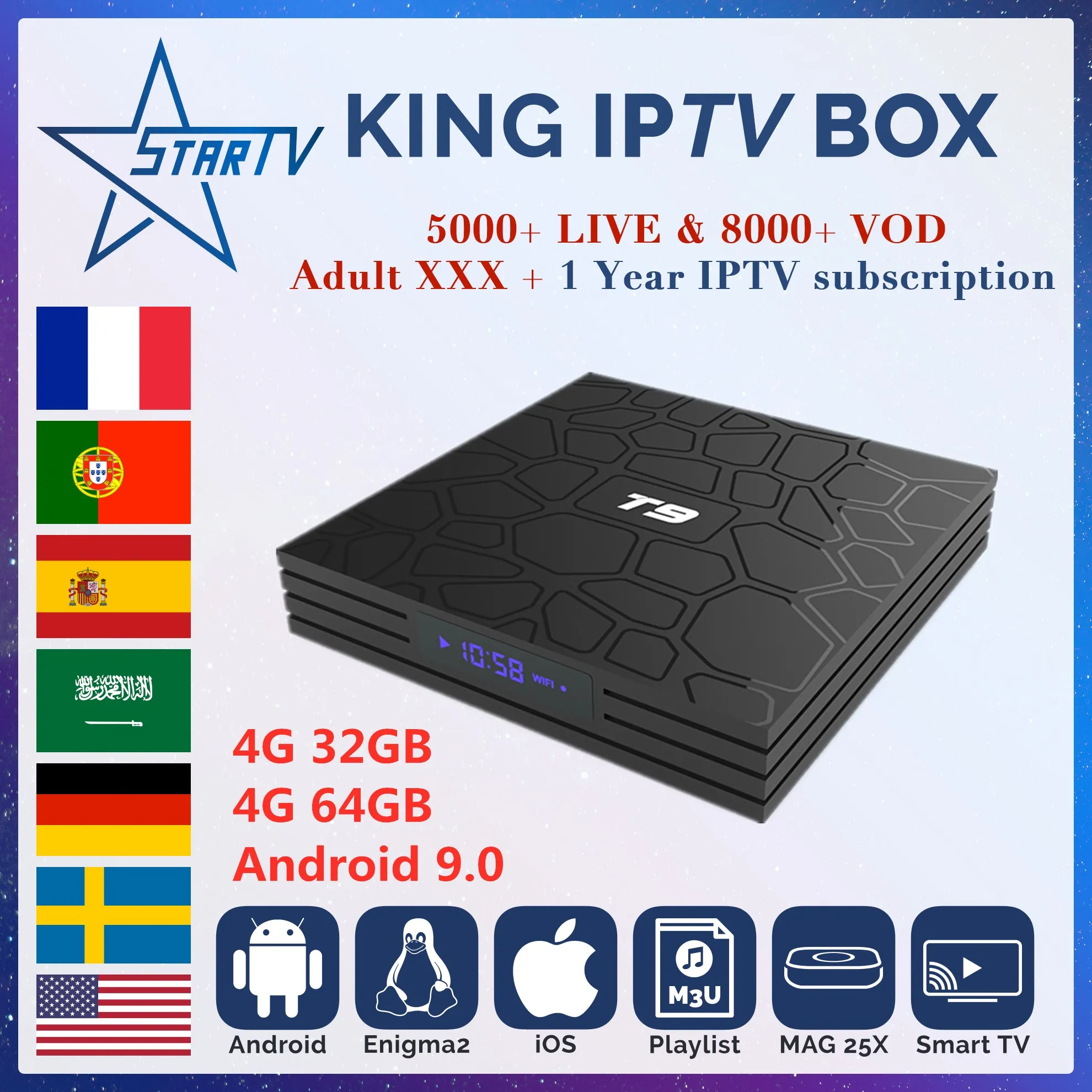 

T9 IPTV Box Android 9.0 4GB64GB+1 year KING IPTV 6000+Live IPTV France Spain Portugal Arabic IPTV Europe m3u smart tv enigma2 PC