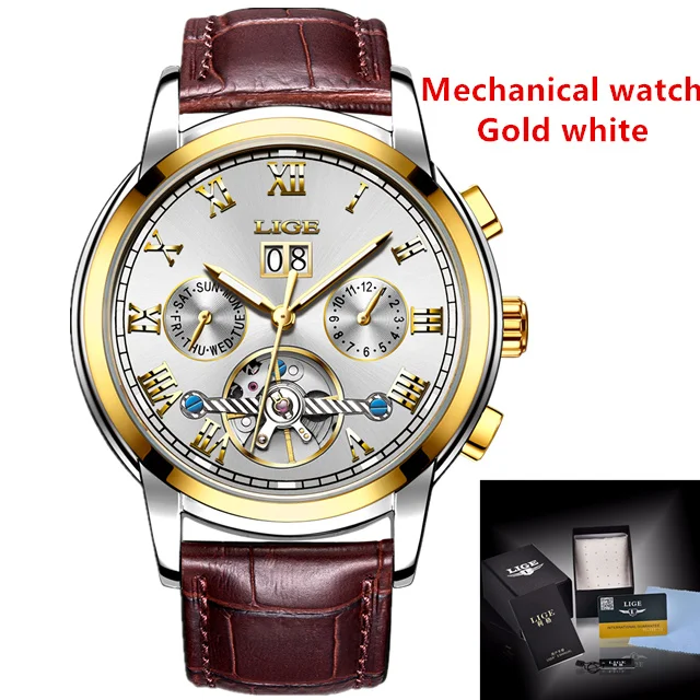 LIGE Роскошные брендовые автоматические механические часы, мужские кожаные водонепроницаемые деловые часы, мужские кварцевые часы, мужские часы - Цвет: leather gold white