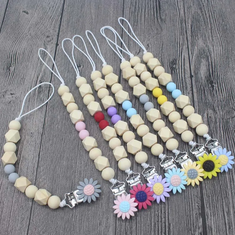 

Plastic Sun Flower Plastic Pacifier Clips Wood Plastic Beads Dummy Teether Clip Chain Nipple Pacifier Holder
