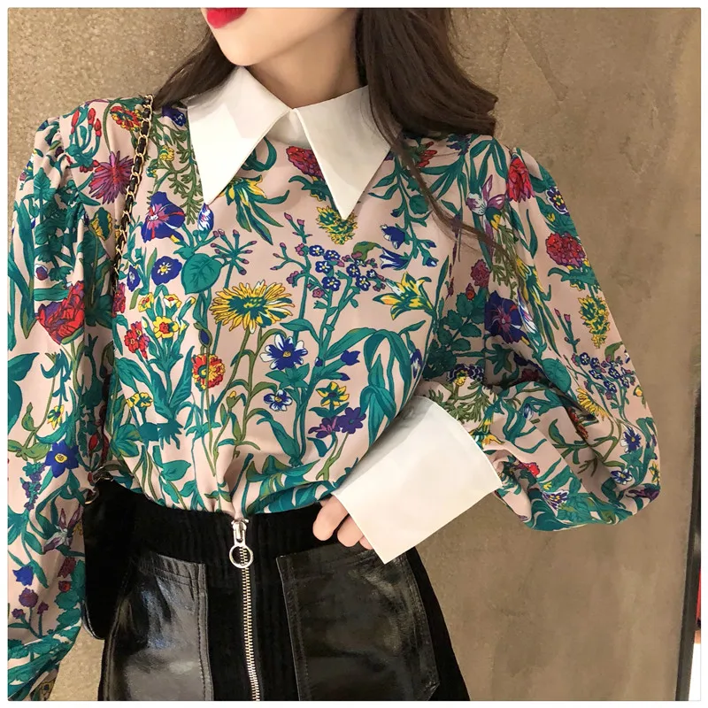 

floral moda feminina blusas vintage fashion brand spring women blouses peter pan collar shirts chiffon tops vetement femme loose