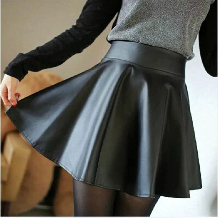 

2015 Women Winter Leather Skirts Fashion Plus Size High Waist Pleated Skirts Saia Hot Sale