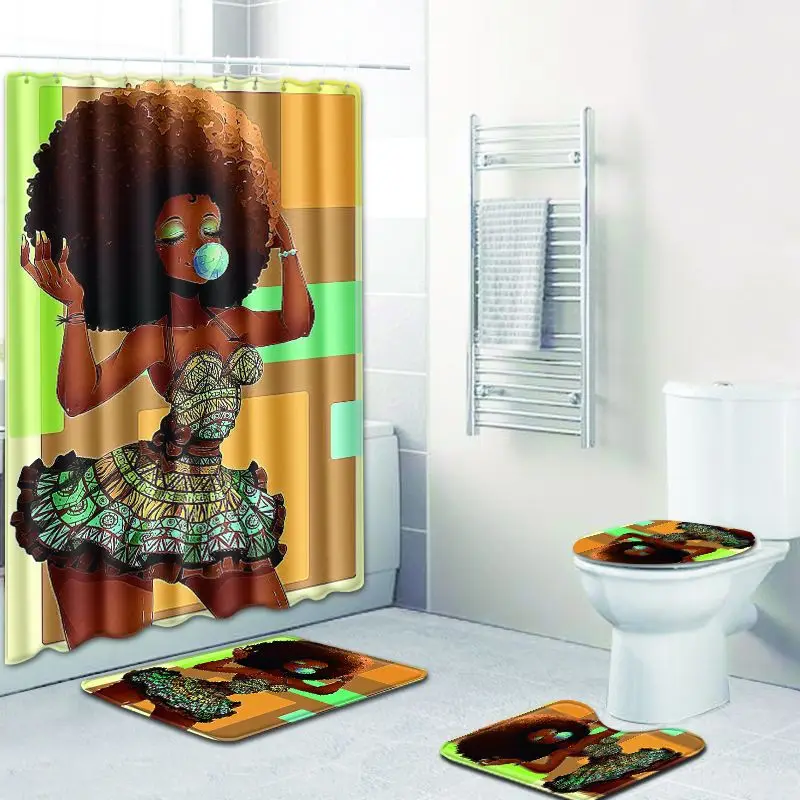 Американский стиль Африканская женщина узор полиэстер душевая занавеска в комплекте Противоскользящие коврики ковер для ванной туалет фланель Набор ковриков для ванной