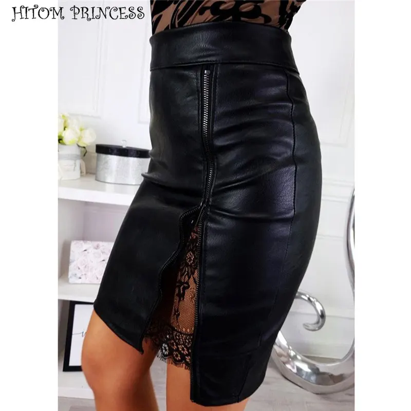 HITOM PRINCESS Women PU Leather Pencil Skirts Zipper Sexy High Waist Skirt Female Split Bodycon Short Mini Skirts Saias