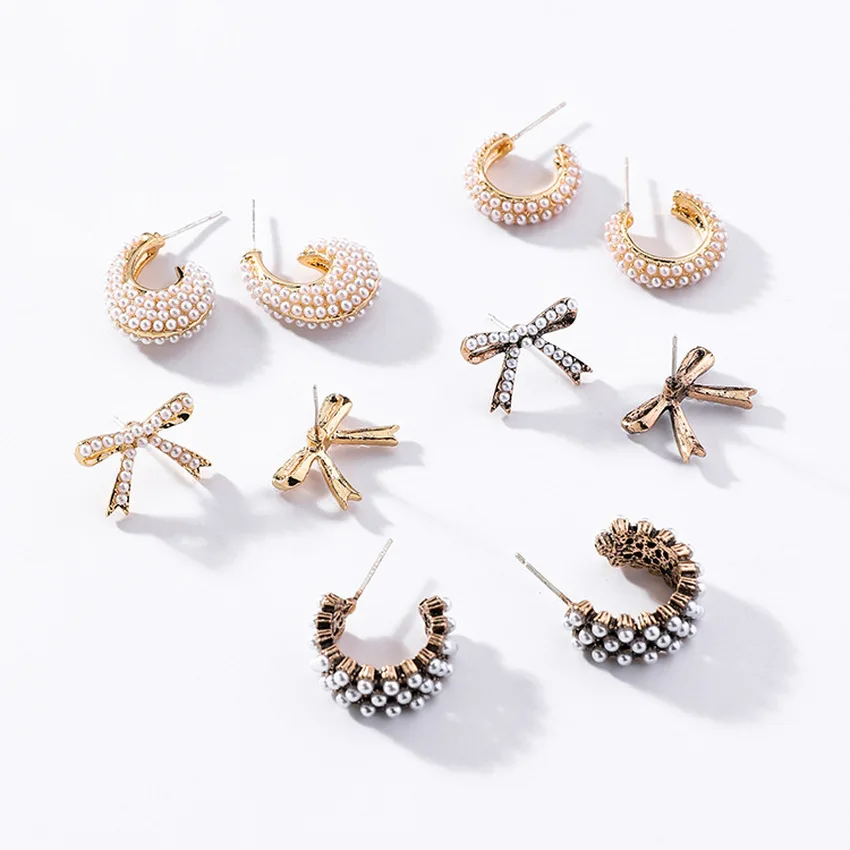 

2018 New Girl Silver Needle Cute Small Earrings Imitation Pearl Bow Retro Stud Earrings for Women Accessories Fashion Jewelry