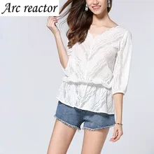 blouses plus size lace shirts cotton hollow out v-neck Summer Womens Casual Tops three quarter Fashionable woman coat 5XL 6XL