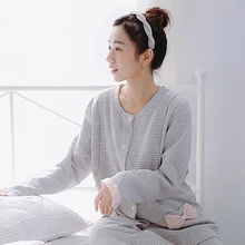 Autumn Winter Maternity Nursing Clothes For Pregnant Women Long Sleeve Striped Warm Cotton Nightgown Nursing 60M0096