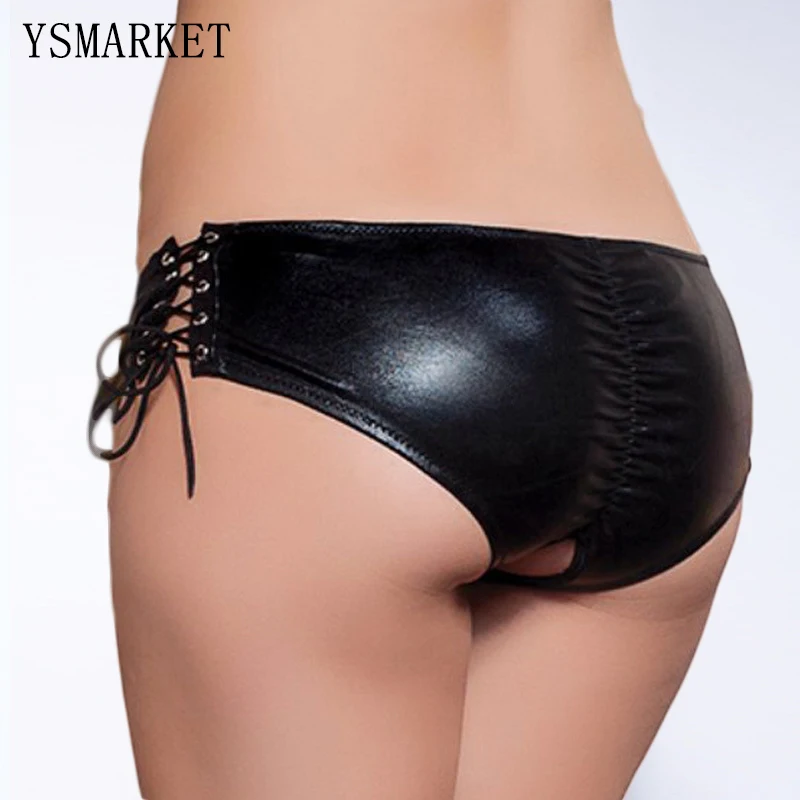 sexy pu faux leather erotica effetto bagnato pizzo slip hollow fuori a vita bassa delle donne