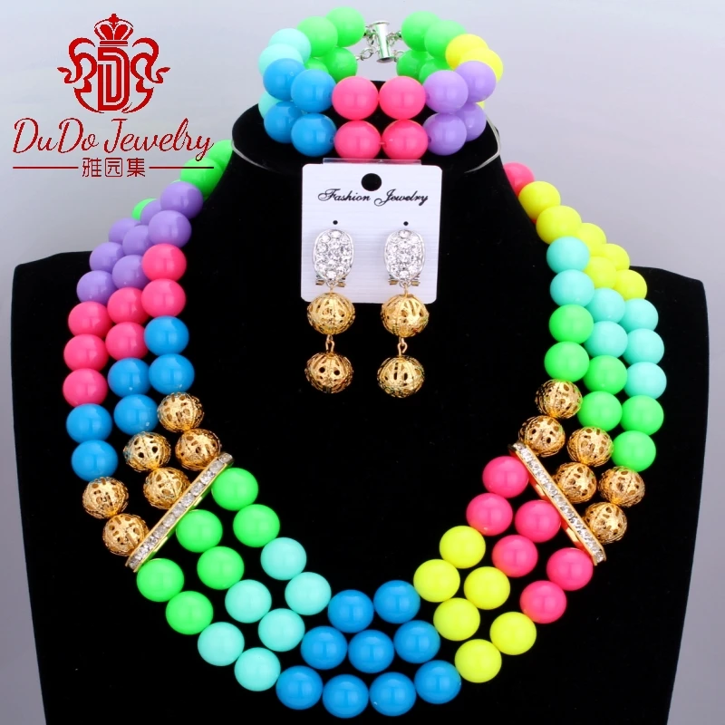 

2017 Splendid Mix Colorful Balls African Jewelry Sets 3 Layers Nigerian Bridal Wedding Jewelry Sets Cute Necklace Set Of Jewelry