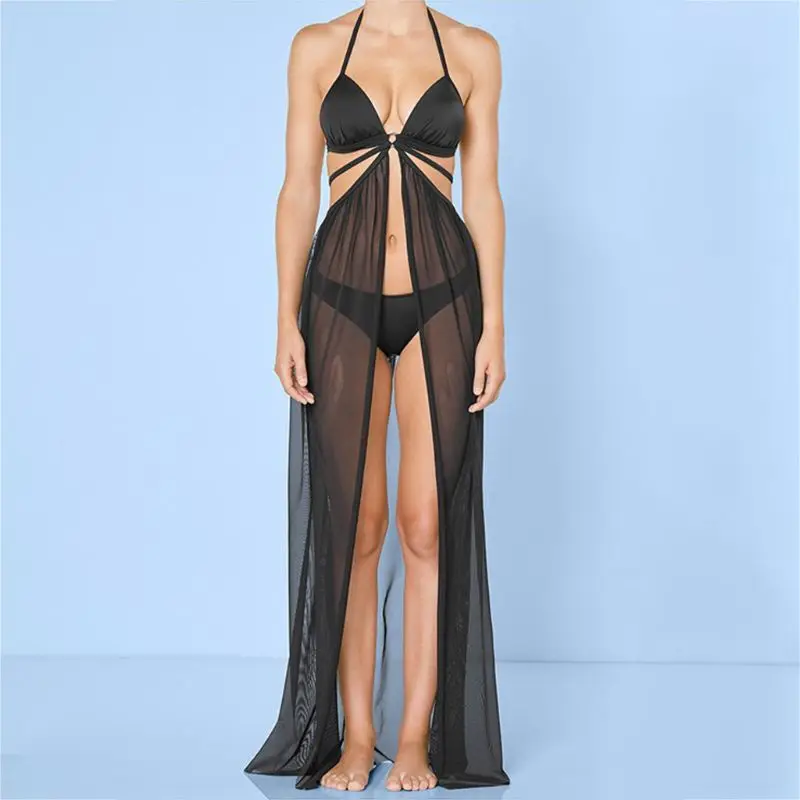 

Womens Summer Bandage Mesh Sheer Beach Dress Maxi Skirt Solid Color Open Front Swimsuit Cover Up Split Cardigan Swimwear