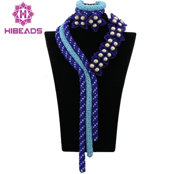 

Splendid Blue African Beads Jewelry Set Fashion Dubai Statement Necklace Set For Wedding Free Shipping QW044