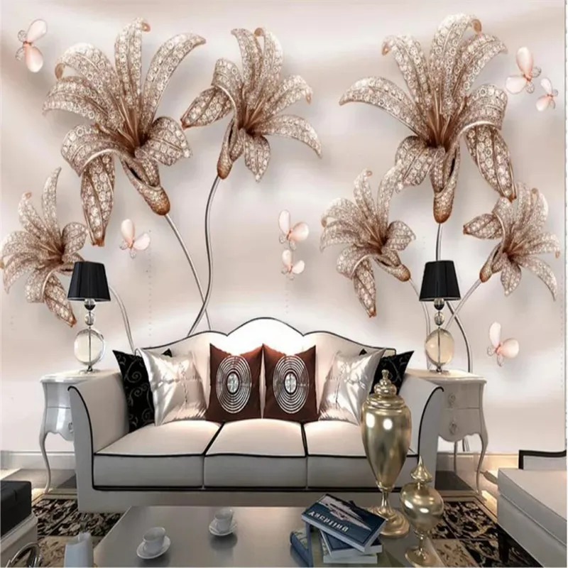 

Custom wallpaper 3D embossed jewelry flower lily flower TV background wall high-grade waterproof material