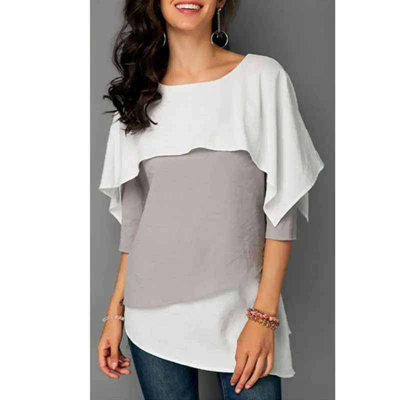 

Harajuku Patchwork T Shirt Women Three Quarter Sleeve T-Shirt Ruffles Casual Loose Tops Tees Streetwear Camisas Mujer SJ248M