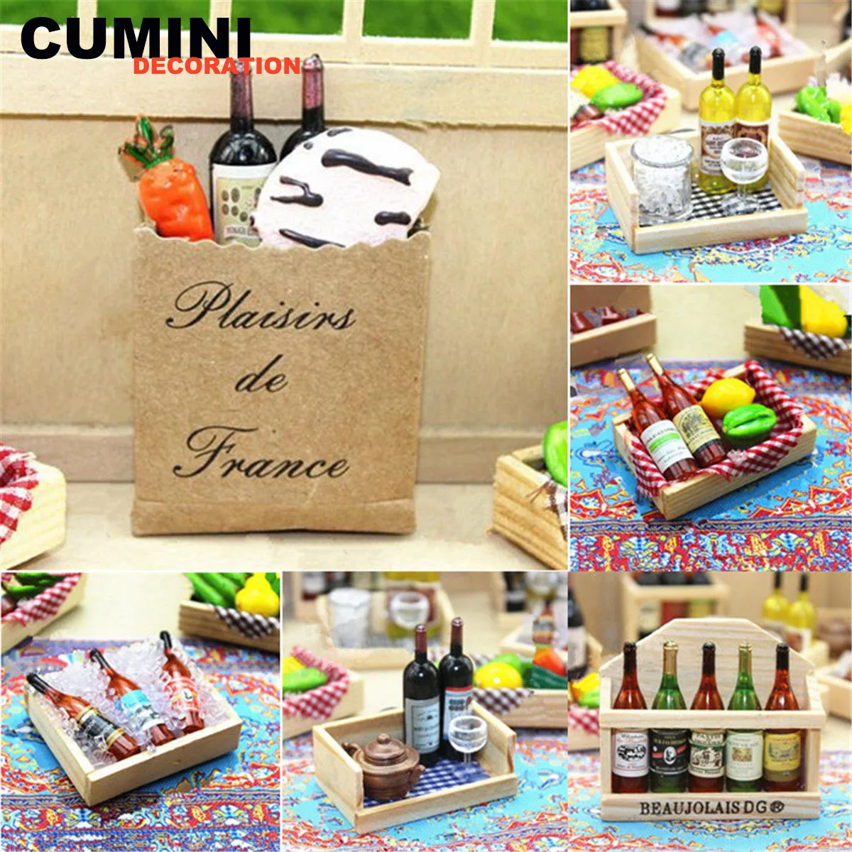 Cumini Dollhouse Miniature Red Wine Beer Bottles Wood Rack Kitchen