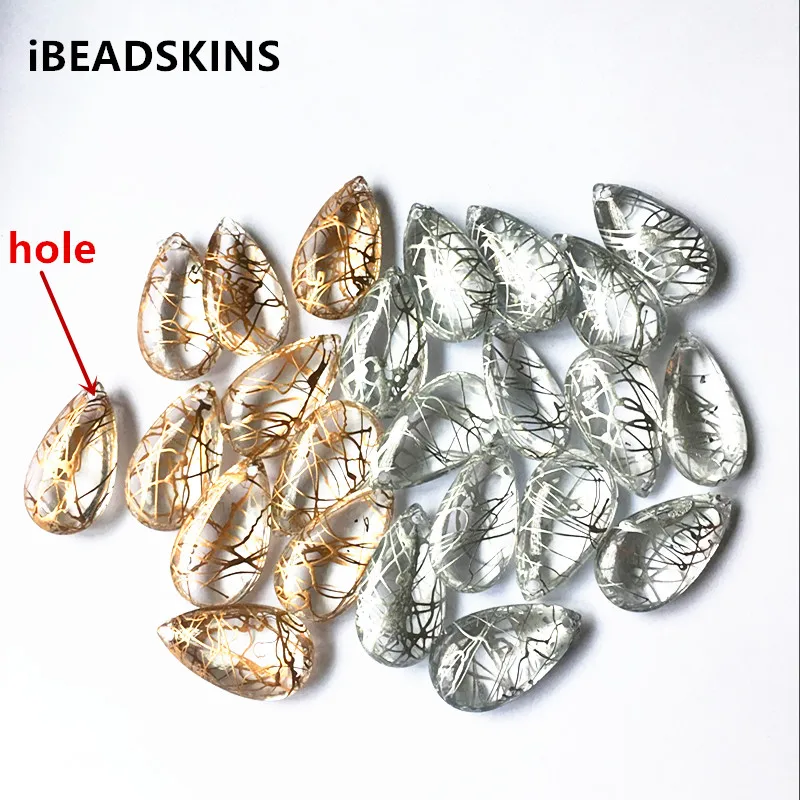 

New arrival! 29x17mm 250pcs/lot clear with gold/silver wire drawing effec drop-shape charm beads (Design as shown)#6012