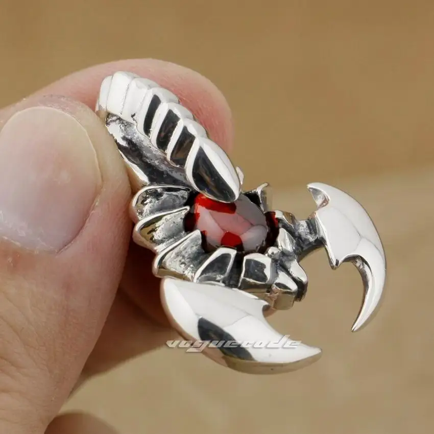 

925 Sterling Silver Huge Scorpion Red CZ Stone Mens Biker Pendant 9J004