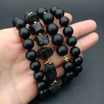 

4 Rows Black Tourmaine Rough Matte Onyx Bracelet 8"