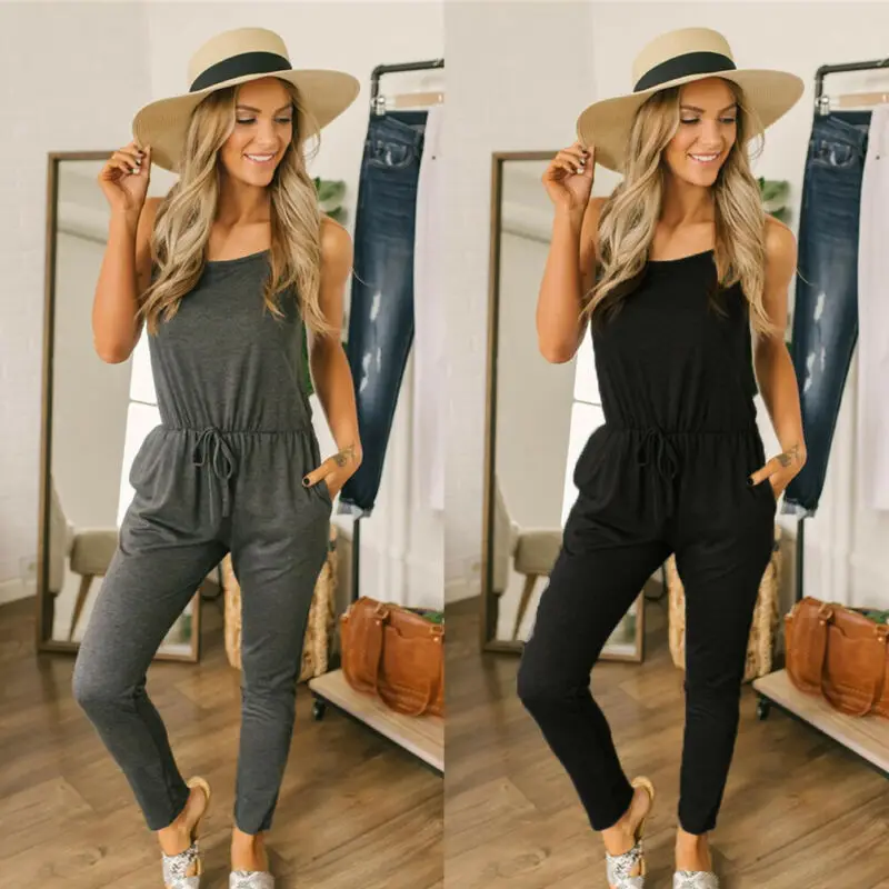 

2019 Womens Spaghetti Strap Sleeveless Solid Color Slim Jumpsuit Pocket Trouser Summer Romper Party Casual Playsuit