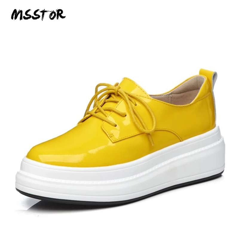 

MSSTOR Round Toe Lace Up Yellow Shoe Fashion Elegant Genuine Leather Platform Shoes Autumn Shallow Spring Flat Shoes Women 6CM