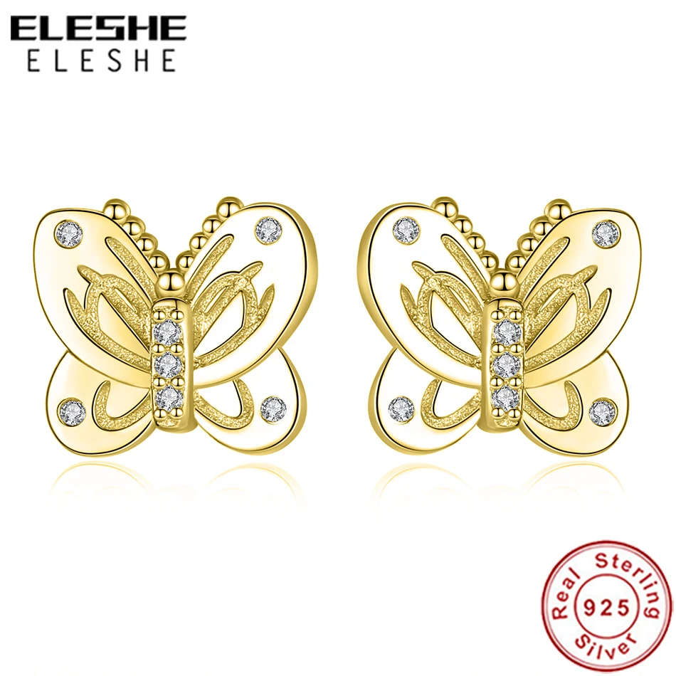 

ELESHE 100% 925 Sterling Sliver Butterfly Earrings Yellow Gold Cubic Zircon Crystal Stud Earrings for Women Jewelry Female Gift