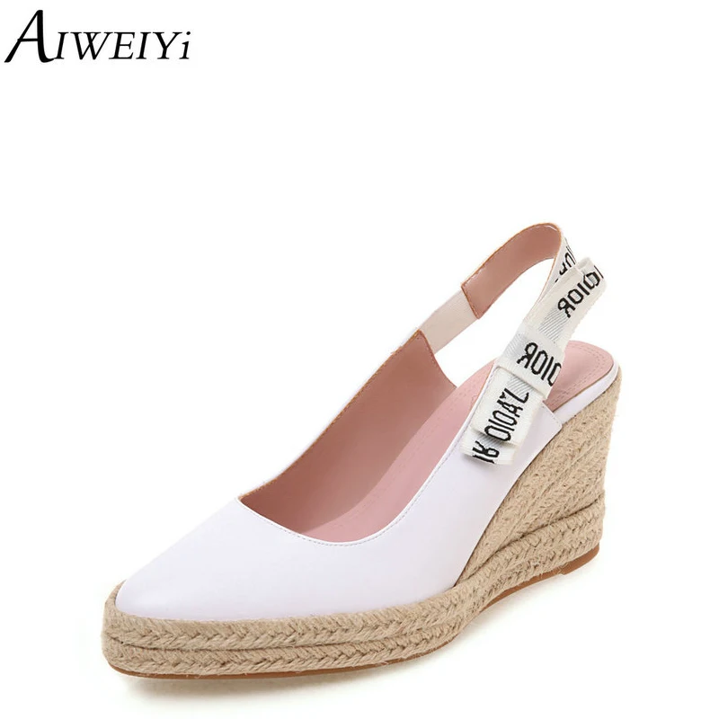

Wedge Shoes Female Foreign Trade Spring New Fashion High Heels Thick Bottom Shallow Mouth Pointed Toe Letters Women's Shoes