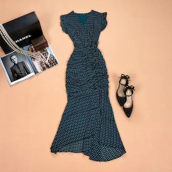 

Elegant Ladylike V-neck Prints Ruched Design Medium Long Irregular Slim High Waist Chiffon Dress