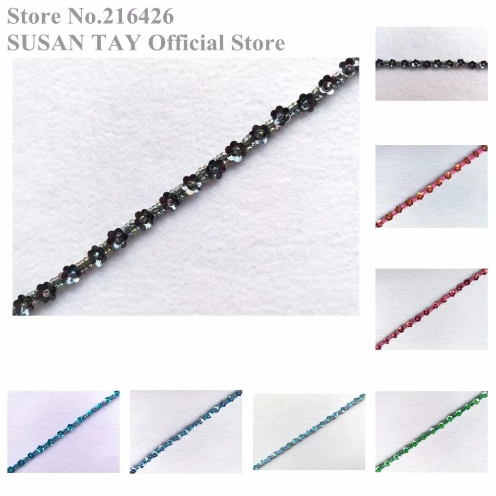 

New 7Colors(Pink Blue Grey Maroon Green+)Handmade Flower Sequin Beaded Elastic Thin Ribbon Lace Trimming Wedding Decoration BT85