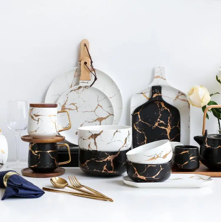 

European Style Marble Pattern Ceramic Tableware Porcelain Plate Dish Bowl Dinnerware Set Coffee Mug Dinner Party Decor 08147