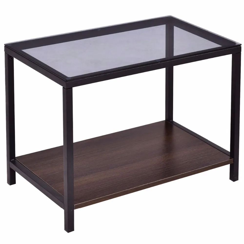 Goplus 2PCS Set Nesting Modern Coffee Side Table Wood Portable End Table Metal Frame Glass Top Coffee Tables with Drawer HW56083