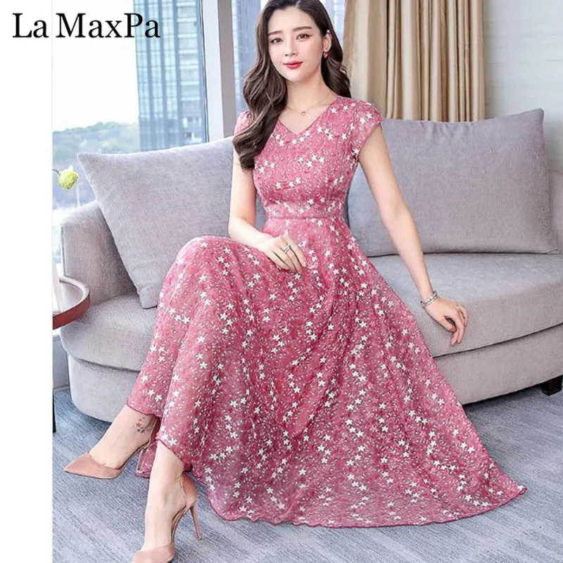 

V Neck Short Sleeve Large Size Casual 2019 New Summer Print chiffon midi dress plus size dresses for women vestidos elegantes