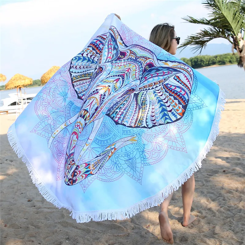 Billige 150 cm Runde Große Mikrofaser Stoff Badetuch für Erwachsene Kinder Elefanten Quaste Badetuch Mandala Tapestry Decke Picknick matte