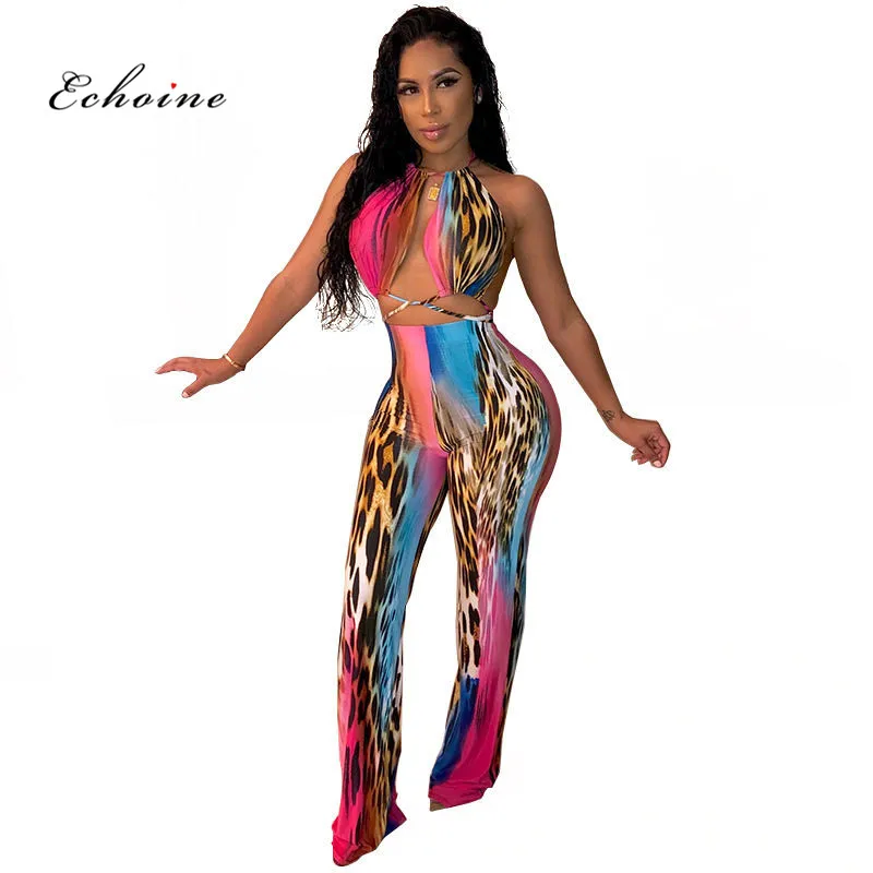 

Echoine Women Jumpsuits Sexy Halter Printed Fashion Bandage Lace Up Backless Micro Bell Bottom Long Pants Female Rompers Clothes
