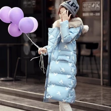 Новая мода корейский Тонкий с капюшоном птица перо вышивка толстые тонкие повседневные женские пальто длинное зимнее пальто