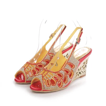 

Summer Passion Red Retro Rhinestone High Heel Fish Mouth Wedge Sandals Wild Fashion Shoes Wedding Shoes 8CM