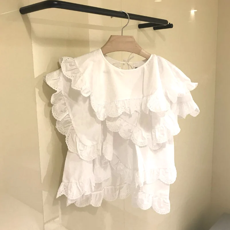 

2019 Summer Lace Splice Layers of Lotus Leaf Edge T-shirts White Short Sleeved T-shirt Elegant O-Neck Butterfly Sleeve T-shirts